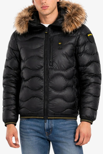 blauer Piumino Full Zip Con Cappuccio Con Pelliccia E Trapuntato Ad Onde Wavefur Nero Uomo