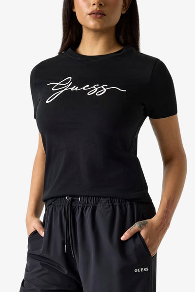guess T-Shirt Maniche Corte Logo Corsivo Ricamato Circe Nero Donna, foto 1