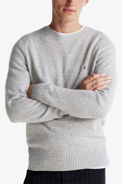tommy hilfiger Maglione Girocollo In Lana Con Logo Bandierina Ricamato Grigio Uomo