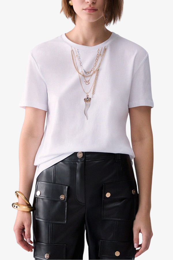 liu jo T-Shirt Maniche Corte Con Stampa E Catenine Bianco Donna, foto 1