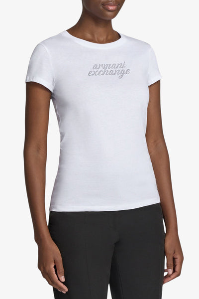 armani exchange T-Shirt Maniche Corte Logo Corsivo Con Strass Bianco Donna