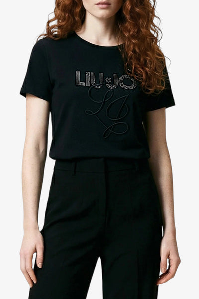 liu jo T-Shirt Maniche Corte Logo Strass Nero Donna, foto 1
