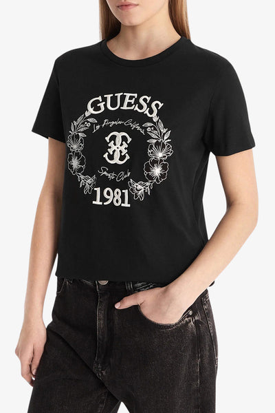 guess T-Shirt Maniche Corte Con Ricami Maddalena Nero Donna