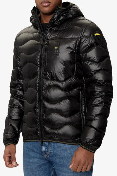 blauer Piumino Full Zip Con Cappuccio Cuciture Ad Onde Wave Nero Uomo