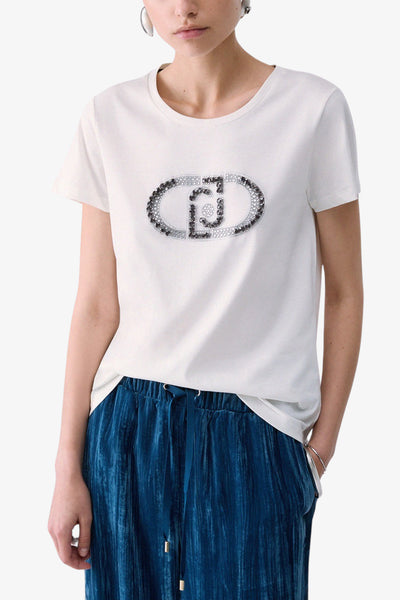 liu jo T-Shirt Maniche Corte Logo Stampato Con Applicazioni Bianco Donna, foto 1