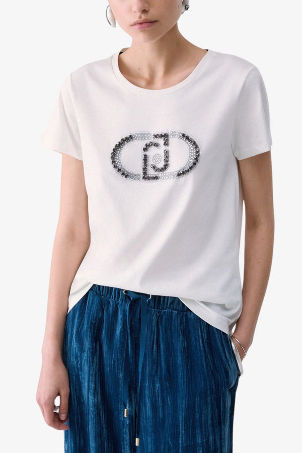 liu jo T-Shirt Maniche Corte Logo Stampato Con Applicazioni Bianco Donna, foto 1