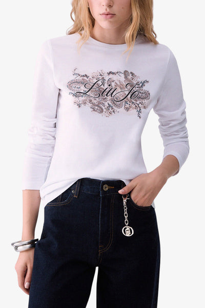 liu jo T-Shirt Maniche Lunghe Con Stampa E Strass Bianco Donna, foto 1