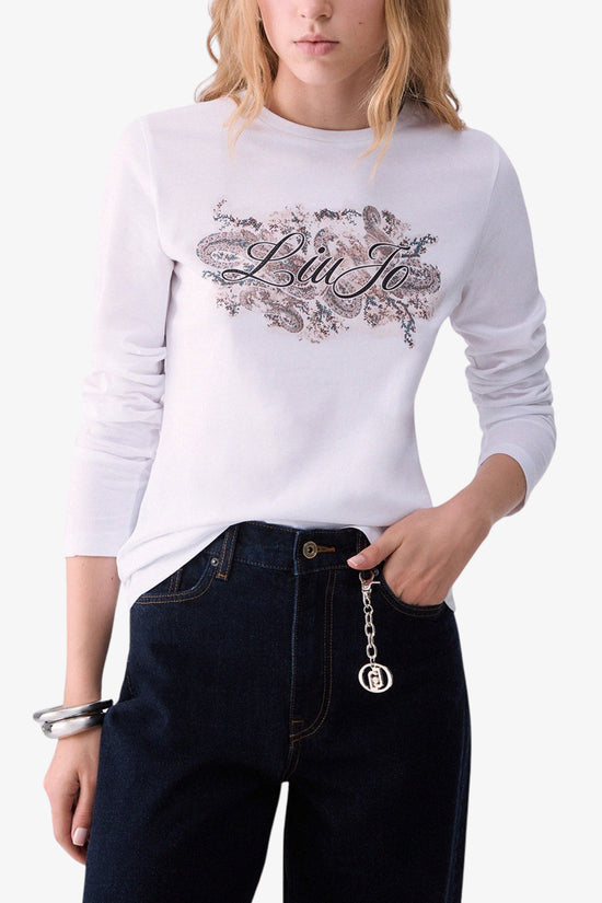  T-Shirt Maniche Lunghe Con Stampa E Strass-liu jo-Bianco-Special_-Wf6448 js923 l.9471-1  