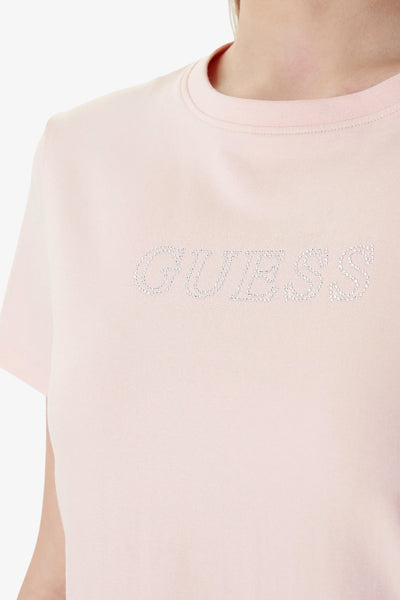 guess T-Shirt Maniche Corte Logo Strass Kiara Rosa Donna, foto 2