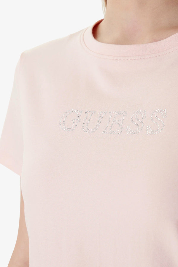 guess T-Shirt Maniche Corte Logo Strass Kiara Rosa Donna, foto 2