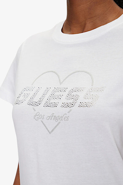 guess T-Shirt Maniche Corte Logo Cuore Strass Narciso Bianco Donna, foto 2