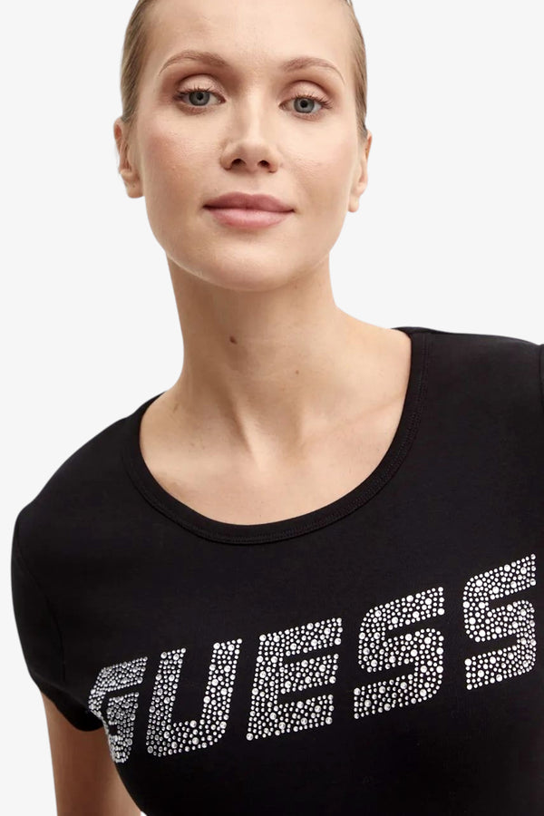 guess T-Shirt Maniche Corte Logo Strass Kiara Nero Donna, foto 2