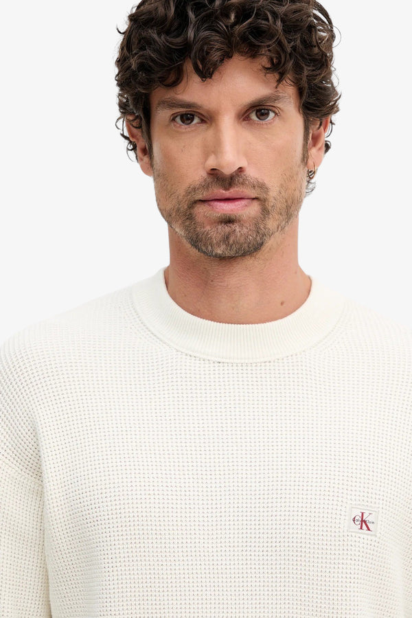 calvin klein jeans Maglione Girocollo Waffle Logo CK Bianco Uomo, foto 2
