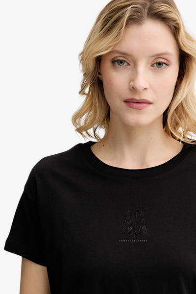 armani exchange T-Shirt Maniche Corte Logo Icon Con Strass Nero Donna, foto 2