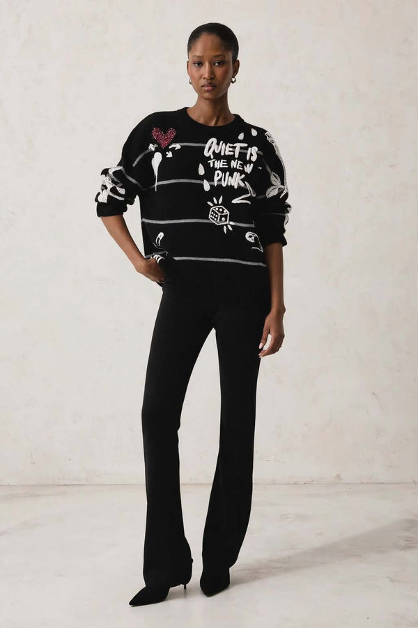pinko Maglione Girocollo In Lana Merino Quiet Is The New Punk Nero Donna, foto 2