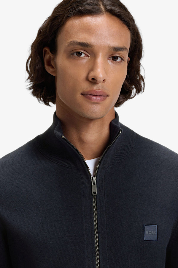boss Cardigan Full Zip In Cotone E Cashmere Con Toppa Logo Blu Uomo, foto 2