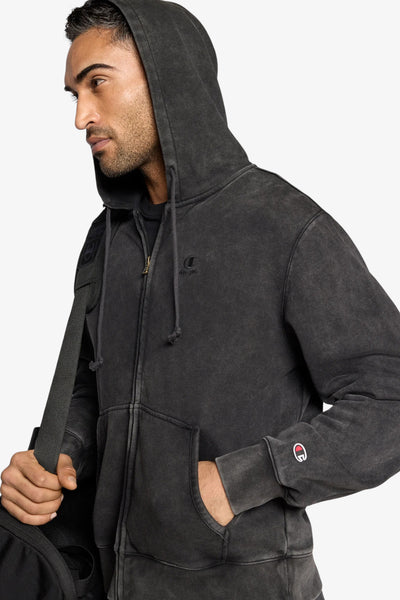 champion Felpa Full Zip Con Cappuccio Con Logo Ricamato Effetto Slavato Nero Uomo, foto 2