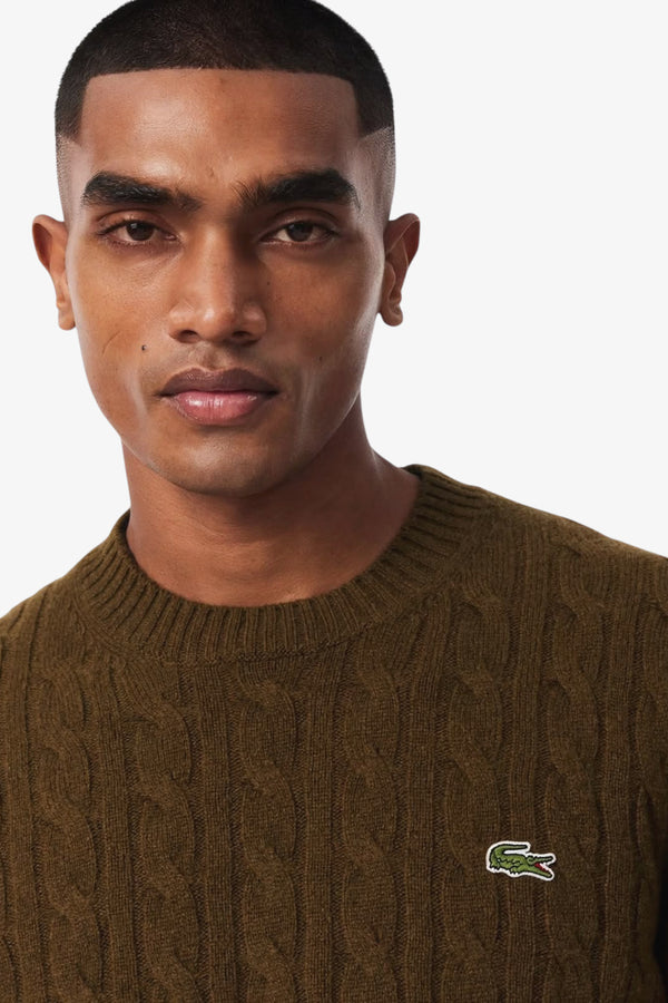 lacoste Maglione Girocollo A Trecce In Lana Cardata Marrone Uomo, foto 2
