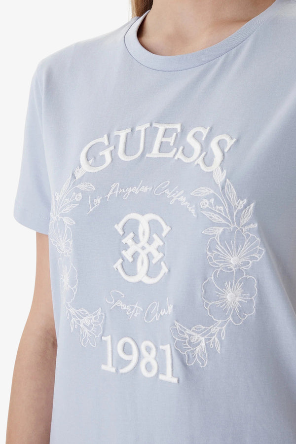 guess T-Shirt Maniche Corte Con Ricami Maddalena Blu Donna, foto 2