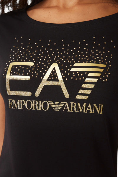emporio armani ea7 T-Shirt Maniche Corte Logo Series Metallizzato Con Glitter E Borchie Nero Donna, foto 2