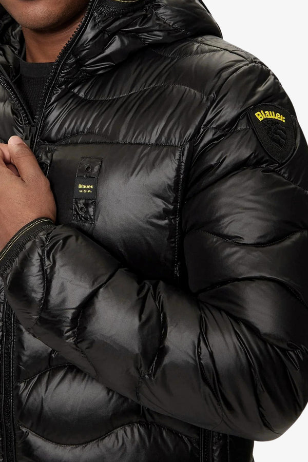 blauer Piumino Full Zip Con Cappuccio Cuciture Ad Onde Wave Nero Uomo, foto 2