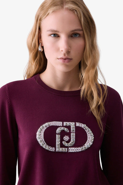 liu jo Maglione Girocollo Logo Con Applicazioni Gioiello Rosso Donna, foto 2