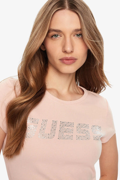 guess T-Shirt Maniche Corte Logo Strass Kiara Rosa Donna, foto 2