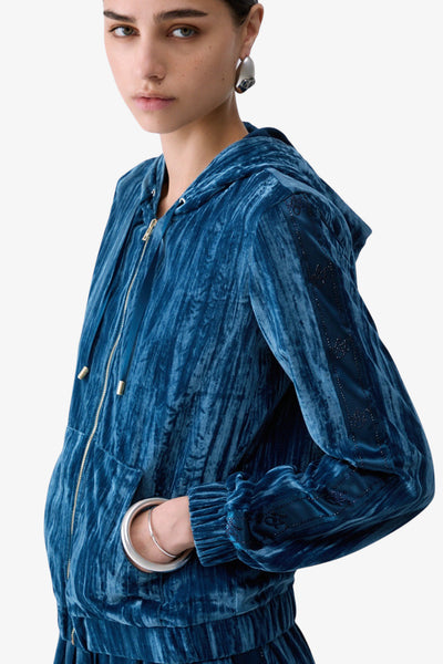 liu jo Felpa Full Zip Con Cappuccio In Velluto Con Bande Logo Strass E Raso Blu Donna, foto 2
