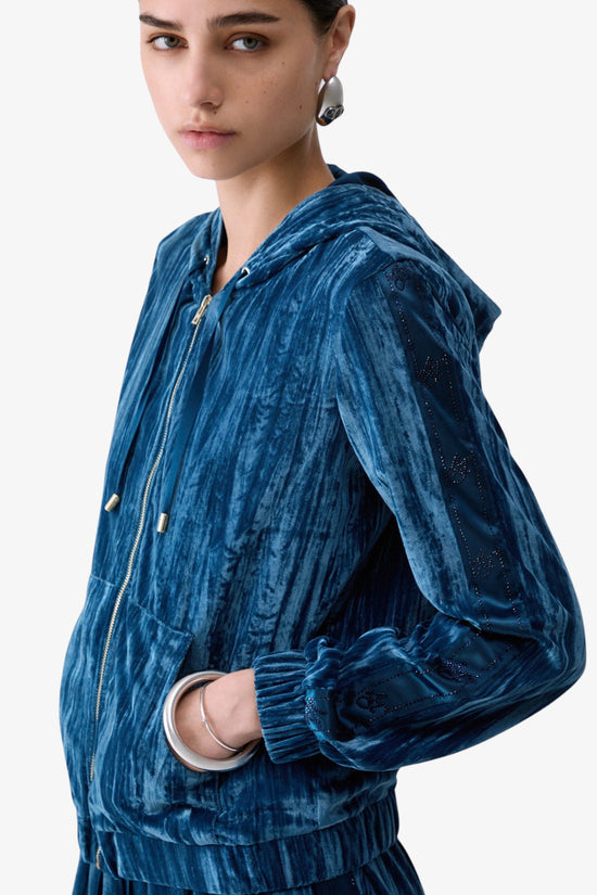  Felpa Full Zip Con Cappuccio In Velluto Con Bande Logo Strass E Raso-liu jo-Blu-Special_-Tf6096 t094a x0778-2  