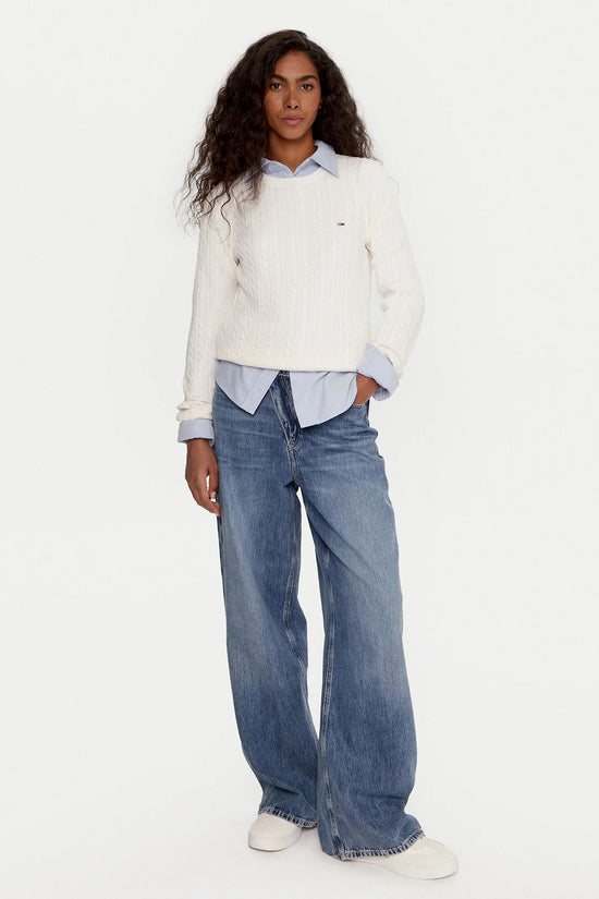  Maglione Girocollo Slim Fit In Maglia Intecciata Con Logo Bandierina Ricamato tommy jeans 