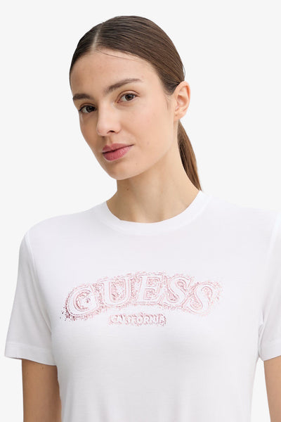 guess T-Shirt Maniche Corte Logo Metal Leona Bianco Donna, foto 2