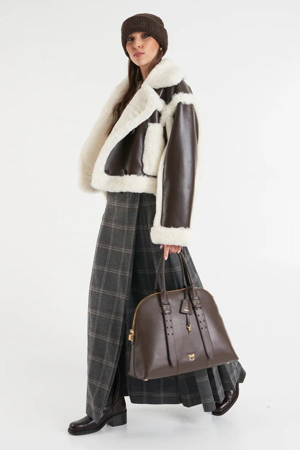 pinko Borsa A Mano Bowling Escape Bag In Pelle Maxi Marrone Donna, foto 2