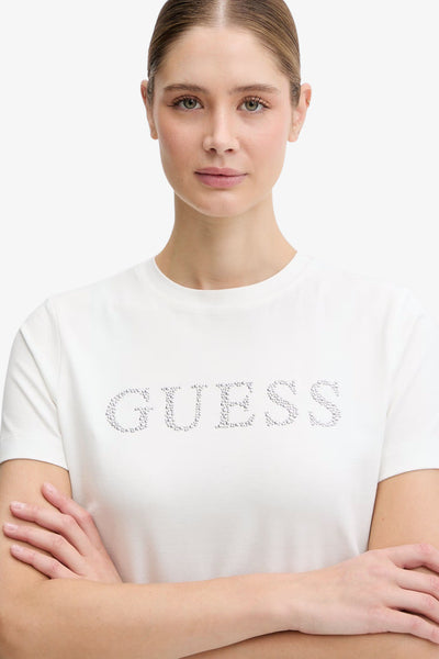 guess T-Shirt Maniche Corte Logo Borchiette Octavia Bianco Donna, foto 2
