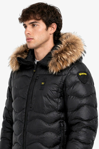 blauer Piumino Full Zip Con Cappuccio Con Pelliccia E Trapuntato Ad Onde Wavefur Nero Uomo, foto 2