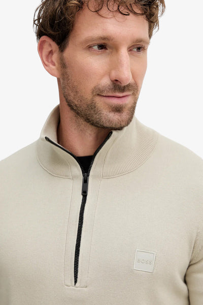 boss Maglione 1/2 Zip In Cotone E Cashmere Con Toppa Logo Beige Uomo, foto 2
