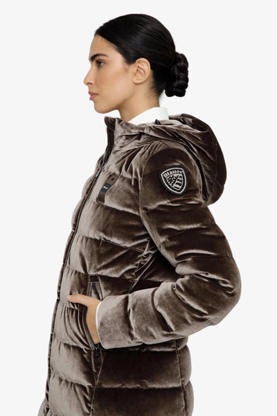 blauer Piumino Full Zip Con Cappuccio In Velluto Lucido Velly Long Marrone Donna, foto 2