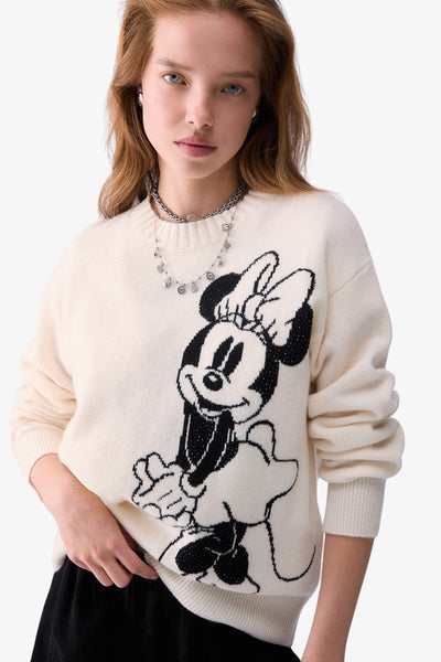 liu jo Maglione Girocollo In Lana Stampa Minnie Bianco Donna, foto 2