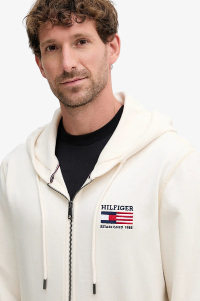 tommy hilfiger Felpa Full Zip Con Cappuccio Bandiera Ricamata Bianco Uomo, foto 2