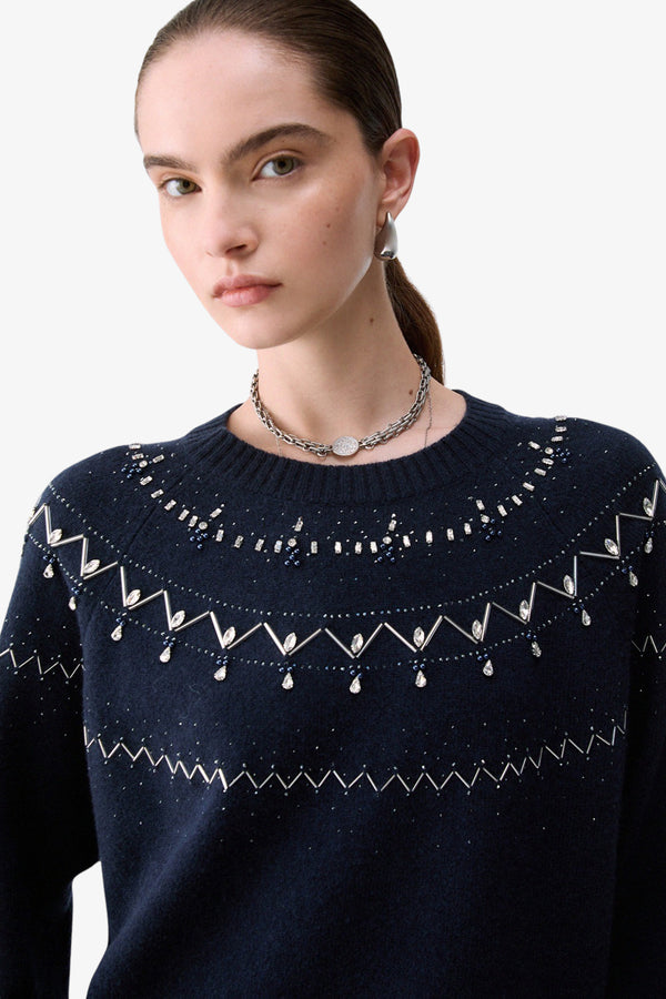 liu jo Maglione Girocollo In Lana Con Ricami Gioiello Blu Donna, foto 2