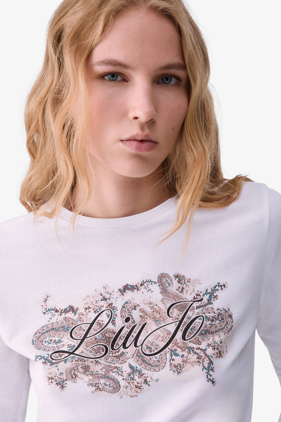  T-Shirt Maniche Lunghe Con Stampa E Strass-liu jo-Bianco-Special_-Wf6448 js923 l.9471-2  