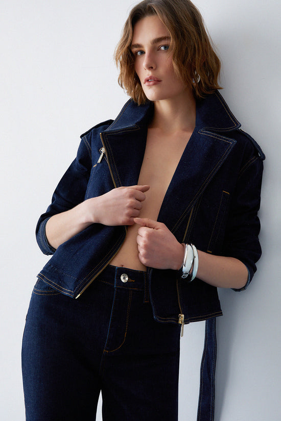  Giacca Chiodo Full Zip Con Cintura In Denim liu jo 