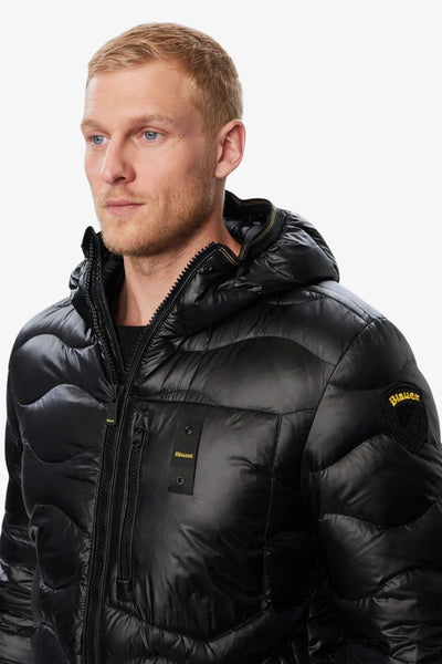 blauer Piumino Full Zip Con Cappuccio Ad Onde Wave Nero Uomo, foto 2