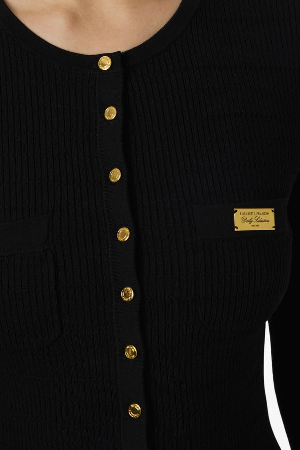 elisabetta franchi Cardigan In Maglia A Micro Trecce Con Bottoni Oro Nero Donna, foto 2