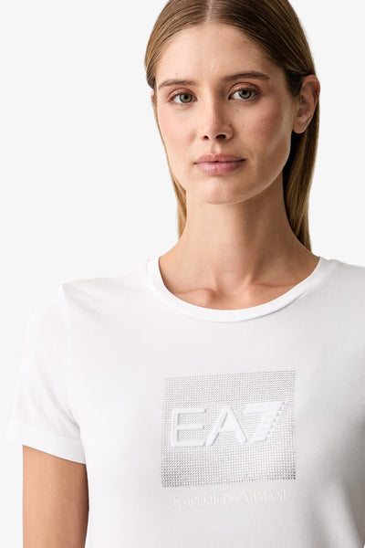 emporio armani ea7 T-Shirt Maniche Corte Logo Series Con Strass Bianco Donna, foto 2