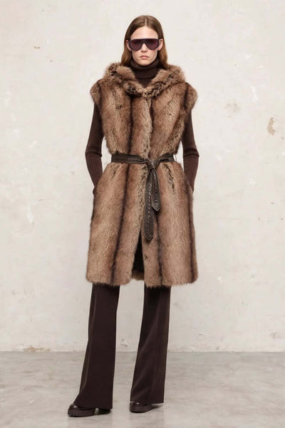 pinko Gilet Lungo Con Cappuccio In Eco Pelliccia Galearis Beige Donna, foto 2