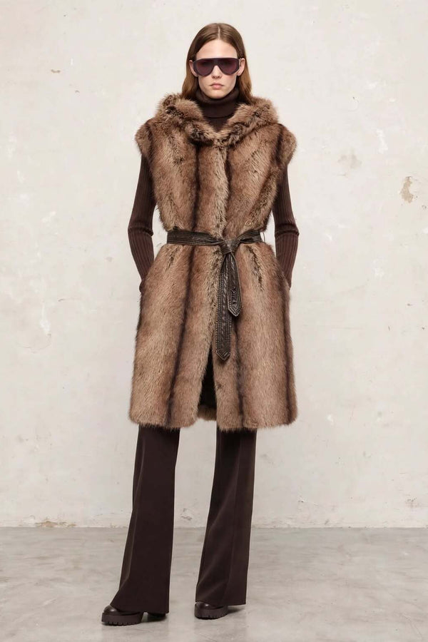 pinko Gilet Lungo Con Cappuccio In Eco Pelliccia Galearis Beige Donna, foto 2