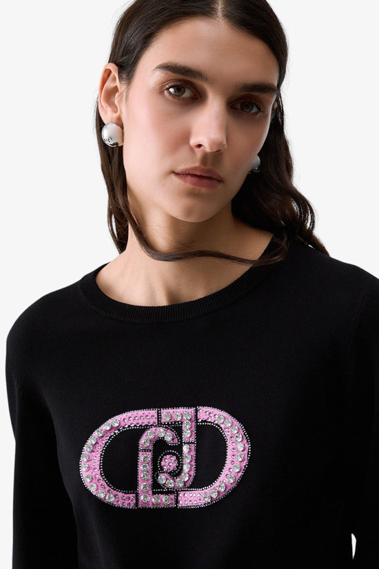  Maglione Girocollo Logo Con Applicazioni Gioiello-liu jo-Nero-Special_-Tf6261 ms63l l9312-2  