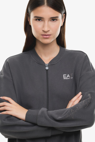 emporio armani ea7 Felpa Full Zip Logo Series Con Borchie Grigio Donna, foto 2