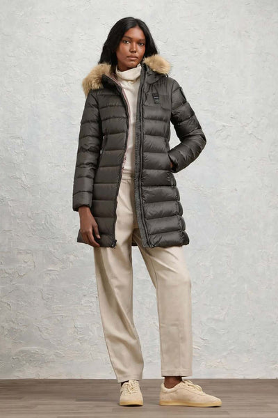 blauer Piumino Lungo Full Zip Con Cappuccio Bordo Pelliccia Kristin Nero Donna, foto 2