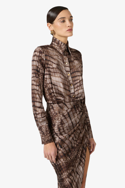 elisabetta franchi Vestito In Raso Stretch Con Stampa Alligatore Marrone Donna, foto 2